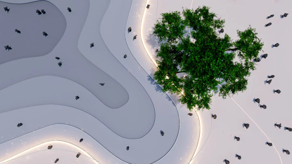 High angle view of a modern park High tech computer screen - win with data