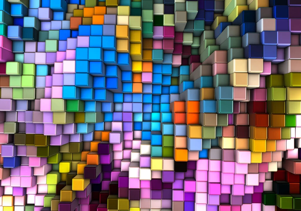 Abstract 3d background with different cubes Green lights in a linear pattern - win with data